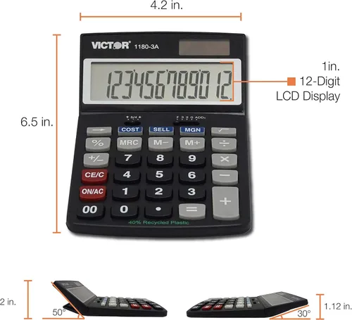 Vista 6 de Victor 1180-3A Calculadora de función estándar de 12 dígitos, batería y pantalla LCD de ángulo ajustable híbrida solar, ideal para escritorios