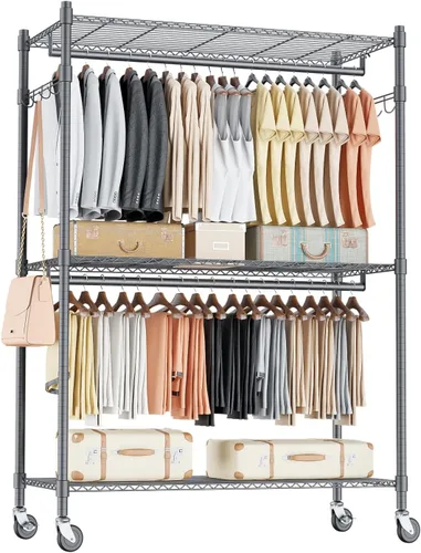 Vista 16 de Homdox Estante para ropa resistente con 3 estantes ajustables de alambre, estantes para ropa para colgar, estante de ropa de doble barra, armario