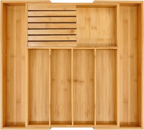 Vista 9 de VaeFae Organizador de cubiertos de bambú, soporte para utensilios para cajón, bandeja de cubiertos de madera con separador para cajón de cocina