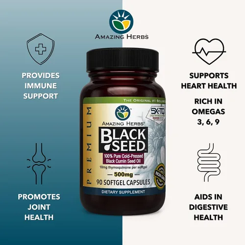 Vista 3 de Amazing Herbs - Aceite de comino negro o semilla negra (Nigella Sativa) prensado en frío en cápsulas, favorece el sistema digestivo, inmunitario