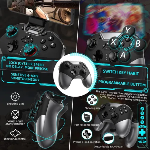 Vista 3 de Bluetooth Controller for Switch/PC/iPhone/Android/Apple Arcade MFi Games/TV/Steam, Hall Effect Joysticks Wireless Game Controller Gamepad with/Phone