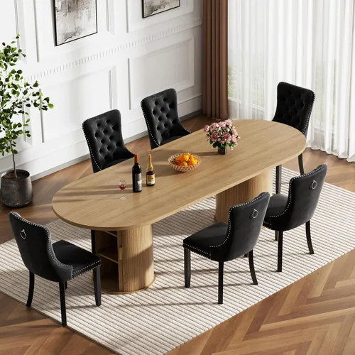 Vista 27 de Mesa de comedor redonda extensible con base de almacenamiento, mesa de comedor expandible natural de 63 a 94 pulgadas para 10 personas, mesa