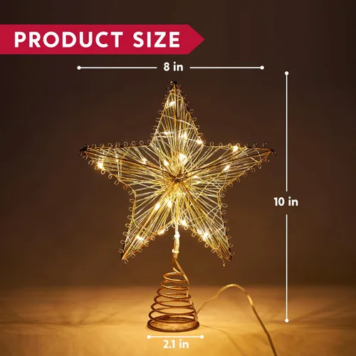 Vista 5 de Joiedomi Decoración para árbol de Navidad de 8 pulgadas, decoración de estrella de metal dorado con adornos alimentados por batería con luces LED