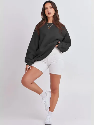 Vista 4 de ANRABESS - Sudaderas de vellón de mujer, cuello redondo, de gran tamaño, bonitas, para otoño e invierno, para estudiantes de preparatoria, jóvenes