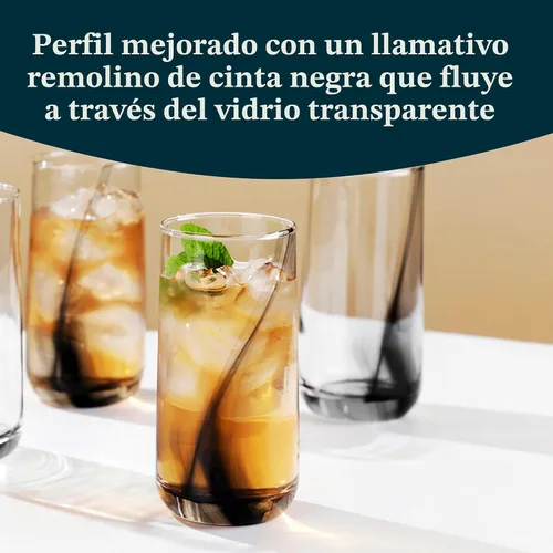 Vista 4 de Juego de 8 vasos para beber con cinta negra Ascent de 16 onzas Diseño moderno de cinta negra, apto para lavavajillas y fácil de limpiar, duradero