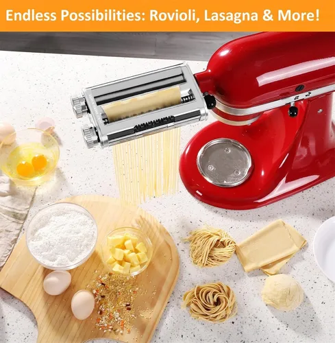 Vista 6 de FavorKit Accesorio para hacer pasta para batidoras de pie KitchenAid, juego resistente 3 en 1 incluido rodillo de hojas de pasta, accesorios
