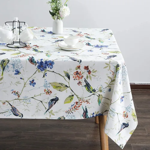 Vista 2 de VOGOL Mantel rectangular de lino lavable, resistente a las manchas y a las arrugas, estampado floral y de pájaros, mesa decorativa para mesa