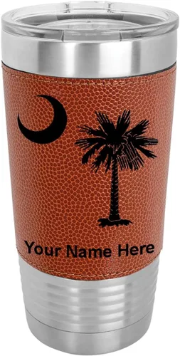 Vista 9 de LaserGram 20oz Vacuum Insulated Tumbler Mug, Flag of South Carolina, Personalized Engraving Included (Faux Leather, Baseball Style)