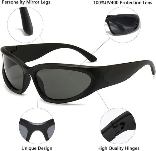 Vista 3 de Gafas de sol deportivas envolventes para hombres y mujeres, marco grueso ovalado de moda, de plástico ligero y duradero para exteriores UV400