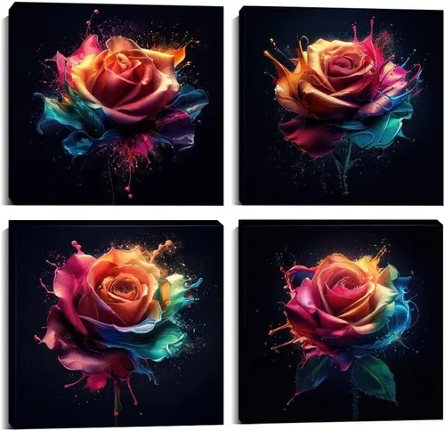 Vista 84 de Wall HDQ Arte de pared de flores para baño, dormitorio, sala de estar, decoración de pared azul y naranja, pintura floral, lienzo impreso, imagen