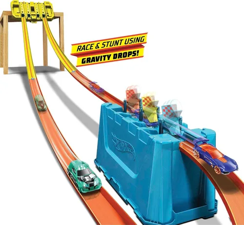 Vista 3 de Hot Wheels Juego de construcción de pistas de juguete para coche, caja de velocidad de varios carriles, 18 piezas de componentes con almacenamiento