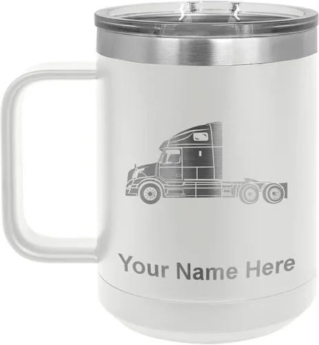 Vista 54 de LaserGram Taza de café aislada al vacío de 15 onzas, cabina de camión, grabado personalizado incluido (negro)