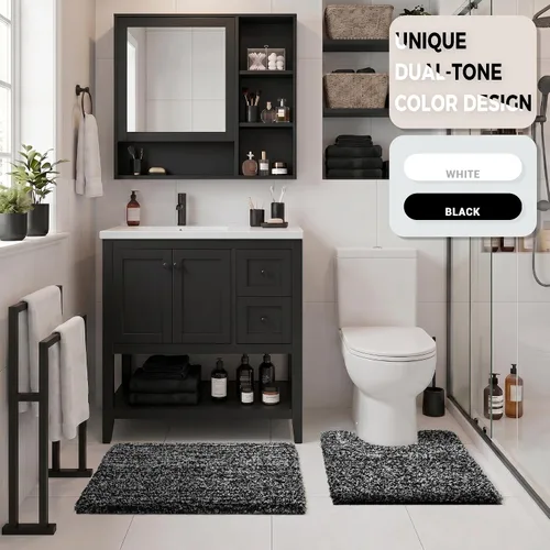 Vista 7 de Yimobra Alfombras de baño en negro y blanco antideslizantes lavables, tapetes de baño ultra suaves y absorbentes de agua, alfombra de ducha suave
