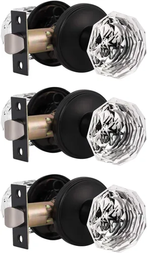 Vista 29 de Gobrico Pomo de puerta de cristal para dormitorio y baño con roseta clásica negro mate, diamante transparente octogonal para puerta interior, 1