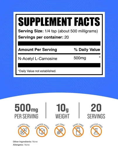 Vista 2 de BulkSupplements. com N-acetil L-Carnosina en polvo – Suplemento de carnosina, N-acetil carnosina 500 mg – Sin gluten, 500 mg por porción, 10 g