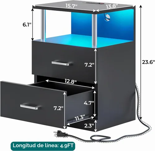 Vista 2 de VIAGDO - Mesa de noche negra con estación de carga y puertos USB, mesa de noche LED con 2 cajones, mesas de cabecera modernas con almacenamiento