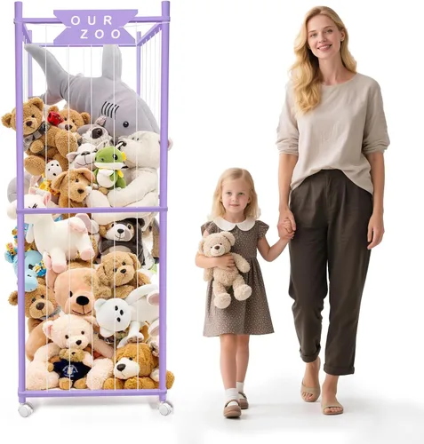 Vista 10 de Zoológico de almacenamiento de animales de peluche con ruedas, soporte de madera grande para animales de peluche, organizador de juguetes
