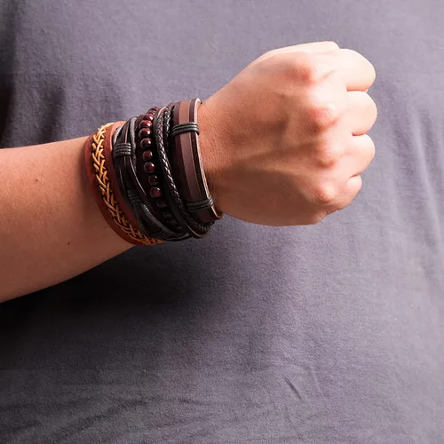 Vista 7 de Milakoo - 10 pulseras de cuero trenzado para hombre y mujer, pulseras de cuentas de madera ajustables