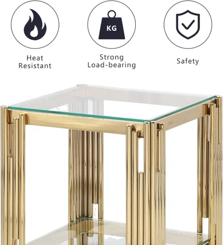 Vista 5 de Mesa auxiliar de cristal de 20 pulgadas, mesa de centro dorada para sala de estar, mesa auxiliar ancha de vidrio cuadrada, mesa auxiliar