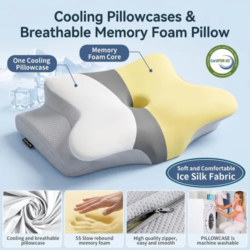 Vista 3 de Almohada cervical para aliviar el dolor de cuello, almohada cervical ergonómica para dormir, almohadas refrescantes de espuma viscoelástica