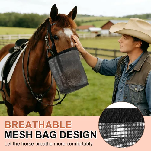 Vista 6 de Bolsa de alimentación para caballo, bozal de caballo con correa ajustable, malla de nailon, impermeable, bolsa para caballos de grano inferior Negro