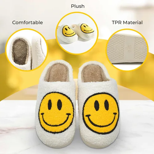 Vista 3 de WELLNESSICA 'Smiley Originals' - Smiley Face Slippers for Women, Men & Kids - Ultra Comfy & Warm Faux Fur with Memory Foam, Non-Slip Preppy Slippers