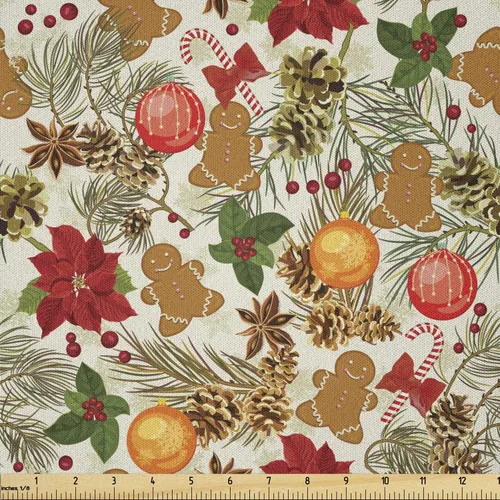 Vista 8 de Ambesonne Tela Navideña por Yarda, Tema Navideño Colorido Vivo Piñas de Pino Ramas Hombre de Jengibre Imagen de Bayas Estampada, Tela de Punto