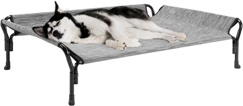 Vista 21 de Veehoo Cama elevada refrescante para perros, cuna elevada XL para mascotas con barandilla y reposacabezas inclinado, malla Teslin transpirable Negro
