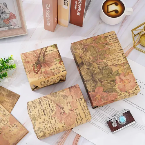 Vista 4 de 12 hojas de papel de envoltura vintage floral retro de periódico kraft para regalo, papel artesanal para manualidades en rosa, papel para envolver