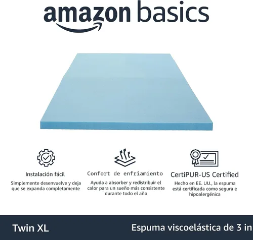 Vista 2 de Amazon Basics - Cubrecolchón Twin XL con infusión de gel refrescante, certificado CertiPUR-US, 3 pulgadas, Azul