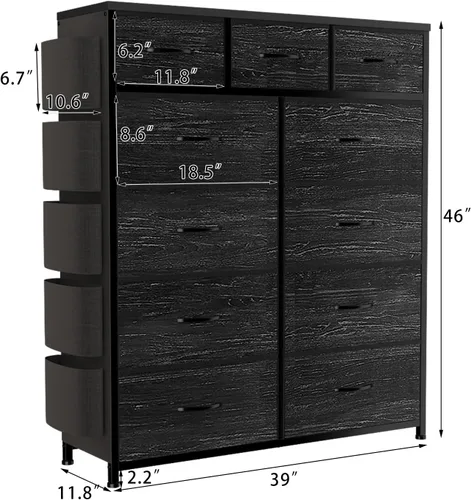 Vista 19 de Cómoda de almacenamiento de tela con 11 cajones para organización del dormitorio, cómoda con estantes profundos, bolsillos laterales y ganchos, Negro