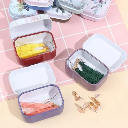 Vista 5 de 8 piezas de mini flores de estaño organizador de joyas caja de almacenamiento cajas decorativas pequeñas latas de metal floral con tapas