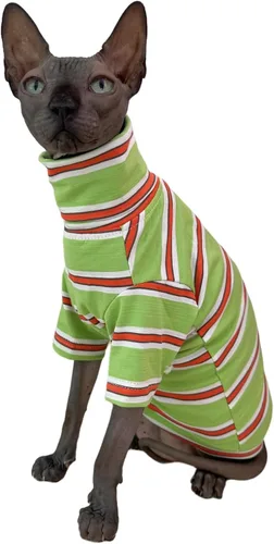 Vista 5 de Camisa de algodón con cuello redondo para gatos sin pelo Sphynx de rayas vintage, ropa para mascotas con mangas, camisetas para gatitos para Sphynx