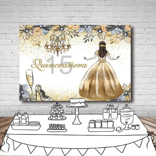 Vista 5 de MEHOFOTO - Fondo de cabina de estudio fotográfico de quinceañera de quinceañera con purpurina dorada y plateada floral dulce 15 membrillo niña años