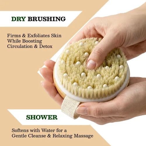 Vista 2 de Cepillo corporal seco para mujeres y hombres, cepillo corporal exfoliante con cerdas naturales de jabalí, removedor de piel muerta, cepillo de piel