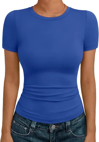 Vista 26 de AUTOMET - Camisetas básicas de manga corta para mujer, para verano, entrenamiento o gimnasio, con cuello redondo, ropa moderna estilo Y2K