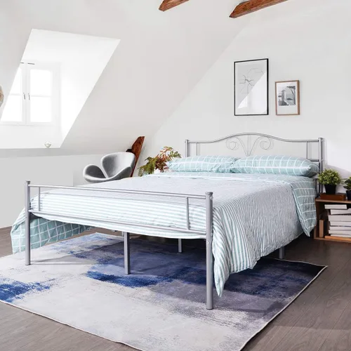 Vista 10 de Cabecero de cama de metal resistente para cama individual, estructura de acero, revestimiento de plata, estilo retro, sin necesidad