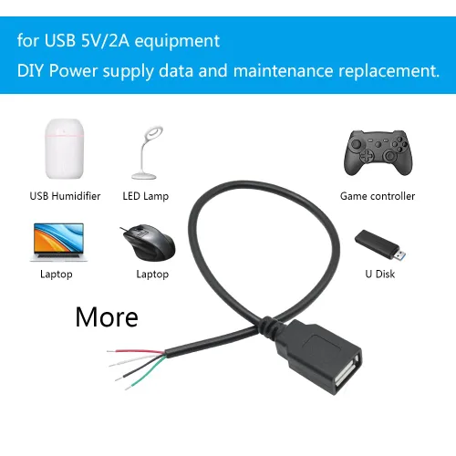Vista 5 de Cable corto USB A hembra de 4 pines de 11 pulgadas, USB 5V/2A 4 pines Pigtail Cable de alimentación y datos de extremo abierto, para equipo USB
