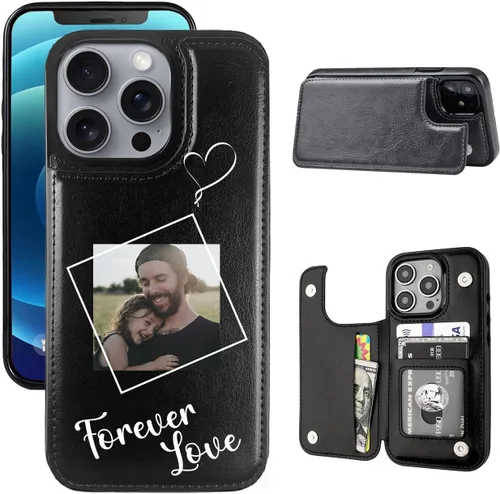 Vista 12 de Funda tipo cartera personalizada para iPhone 16/15/11/12/13/XR/X/XS SE Pro Max Mini con soporte para tarjetas, texto de imagen personalizada, a