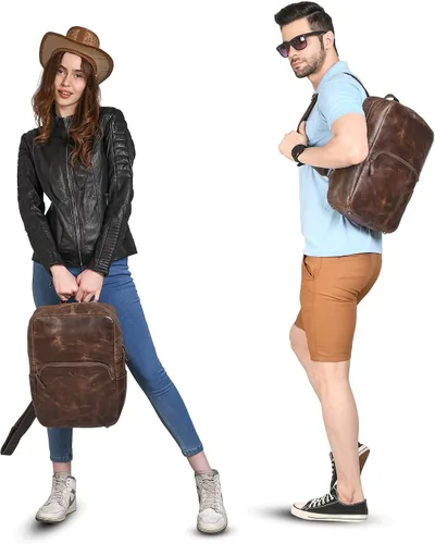 Vista 2 de Mochila de cuero hecha a mano para hombres y mujeres, bolsa para laptop de 15.6 pulgadas, cuero genuino, estilo retro, casual, para universidades