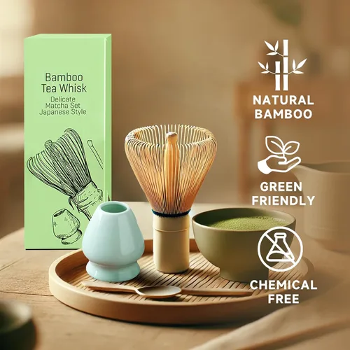 Vista 3 de Juego de batidor de matcha, 4 piezas, incluye batidor de bambú, cuchara, cuchara, soporte para batidor matcha. Juego de batidor matcha esencial