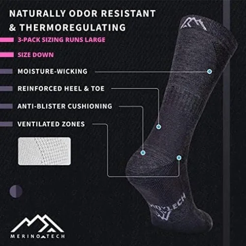 Vista 3 de Merino.tech Calcetines de lana merino para mujeres y hombres, 85% lana merina, calcetines de senderismo estilo tripulación