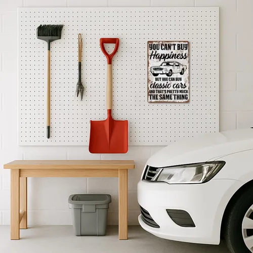 Vista 6 de Divertidos letreros de metal vintage con texto en inglés «You Can't Buy Happiness But You Can Buy a Classic Cars Garage», letreros de metal