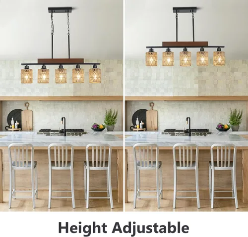 Vista 5 de Candelabros de ratán para comedor, iluminación de isla de cocina bohemia, lámpara lineal de 5 luces, lámpara colgante rectangular, candelabros