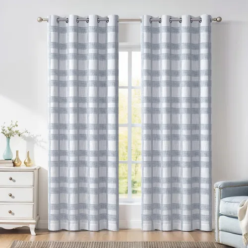 Vista 13 de Central Park Cortina opaca a cuadros blancos y grises para ventana, panel geométrico para dormitorio, sala de estar, con ojales en la parte Gris