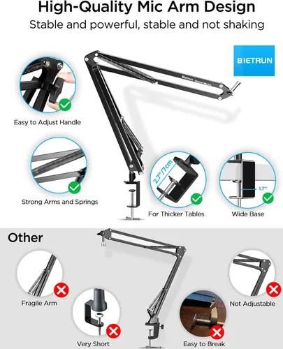 Vista 5 de Bietrun Soporte de escritorio con brazo de micrófono con soporte de choque y filtro pop para Blue Yeti/Snowball/Hyperx Quadcast/Shure MV7/SM7B/RODE