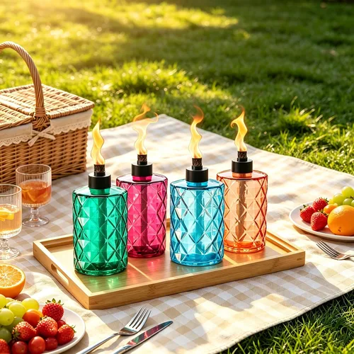 Vista 8 de Paquete de 4 linternas de mesa de cristal azul con mecha y tapa, linternas de citronela al aire libre, linterna de llama recargable, linterna