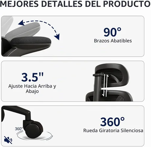 Vista 7 de Silla ergonómica de oficina – Silla de escritorio con reposacabezas ajustable soporte lumbar silla de computadora – Silla cómoda de malla