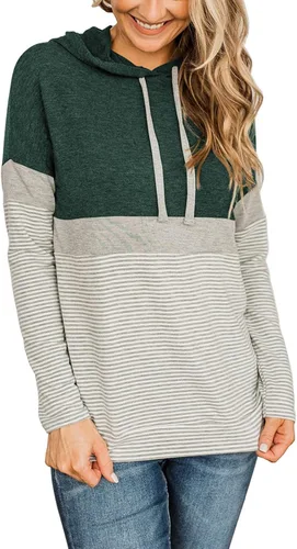 Vista 2 de Butgood Sudaderas con capucha de bloque de color para mujer, sudadera de manga larga, casual, con cordón, a rayas, túnica