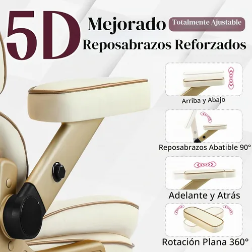 Vista 3 de Silla de oficina grande y alta, 500 libras, reposabrazos 5D, silla ejecutiva de cuero resistente con asiento cómodo, lumbar ajustable, respaldo Beige